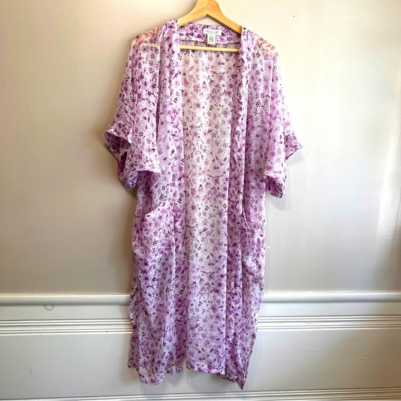 Rachel Zoe Sheer Purple Flowered Kimono with Pockets One Size EUC - Picture 1 of 7